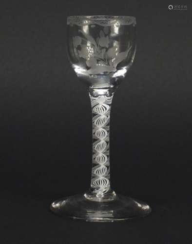 George III wine glass with air twist stem and etched bowl, 13.5cm high : For Further Condition