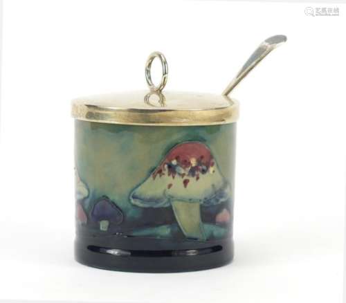 William Moorcroft pottery jam pot with cover and spoon, hand painted in the Claremont Toadstool
