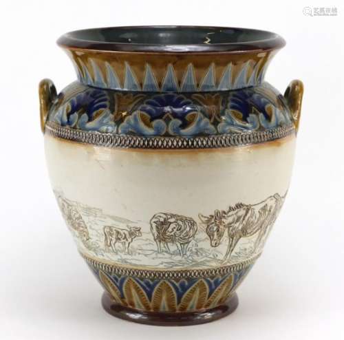 Large Doulton Lambeth stoneware jardinière with twin handles by Hannah Barlow, incised with a