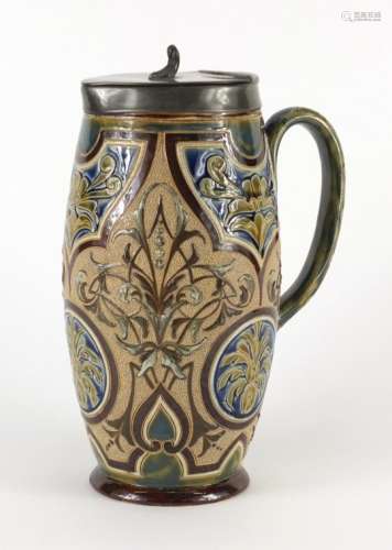 Art Nouveau Doulton Lambeth pewter mounted jug by Eliza Simmance, hand painted and incised with