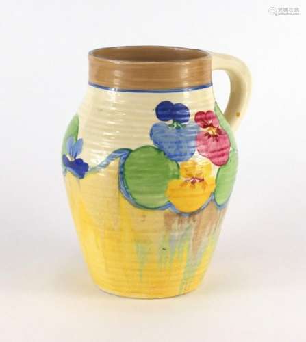 Clarice Cliff Bizarre pottery lotus jug, hand painted in the Pansy Delicia pattern, factory marks to