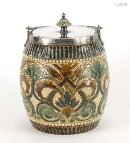 Doulton Lambeth stoneware biscuit barrel with silver plated mounts by Edith Lupton, hand painted and