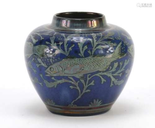 Pilkingtons Royal Lancastrian lustre vase by Richard Joyce, hand painted with fish amongst reeds,