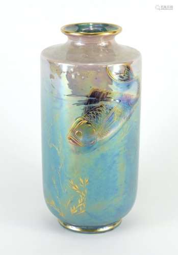 Shelley lustre vase hand painted with fish by Walter Slater, factory marks and numbered 8306 to
