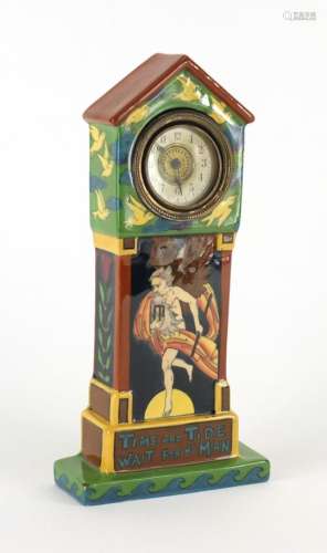 Shelley Foley Intarsio clock case, Time and Tide Wait for No Man, factory marks, registered number