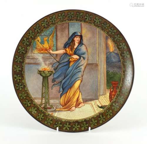 Doulton Lambeth wall plate by Margaret Armstrong, hand painted with a maiden, painted and