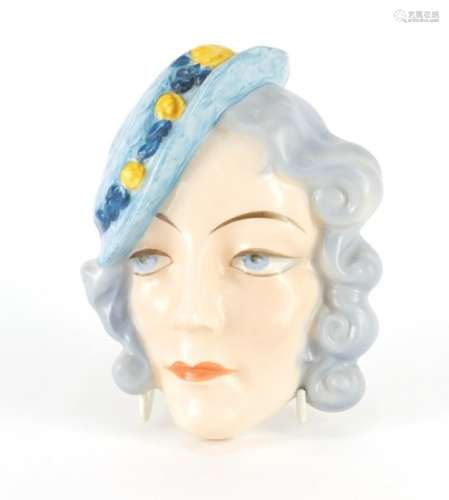 Art Deco Czechoslovakian hand painted face mask of a female, 17.5cm high : For Further Condition