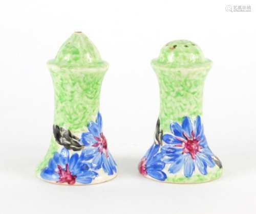 Clarice Cliff Bizarre pottery salt and pepper cellars, hand painted in the Marguerite pattern, the