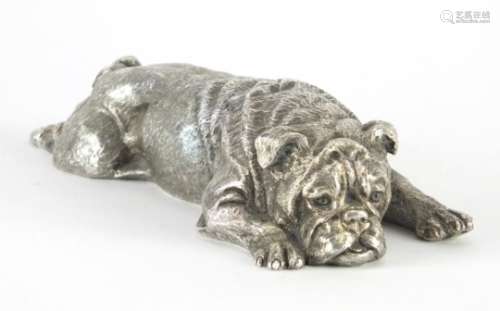 Heavy silver model of a recumbent pug dog, LM, London 1976, 17cm in length, 1885.0g : For Further
