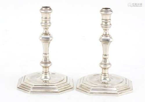 Pair of 18th century design cast silver candlesticks, B M, London 1996, 10cm high, 338.8g : For