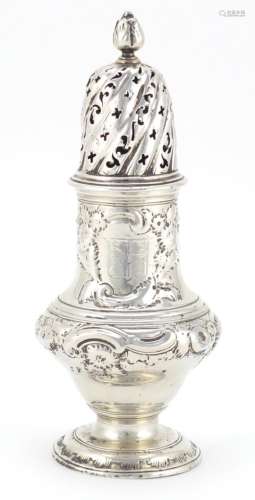 18th century silver baluster shaped caster, embossed with flowers possibly by James Wilks, London