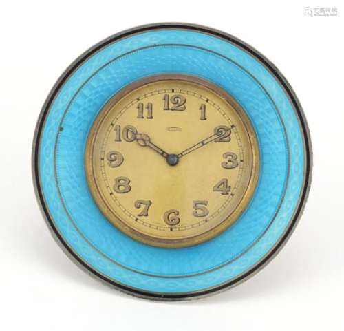 Art Deco unmarked silver and blue guilloche enamel strut clock with eight day movement, 10cm in