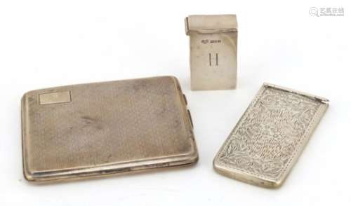 Silver items comprising Victorian card case, cigarette case and matchbox case, various hallmarks,