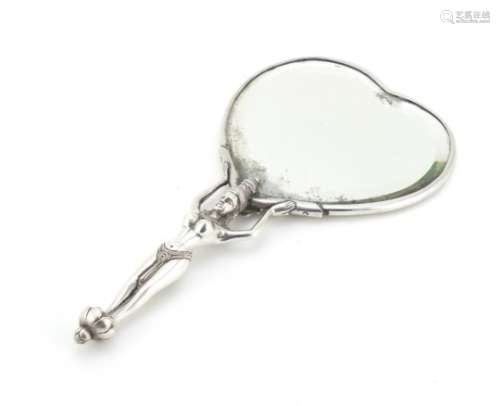 Good Burmese unmarked silver hand mirror with nude figural handle and love heart shape bevelled