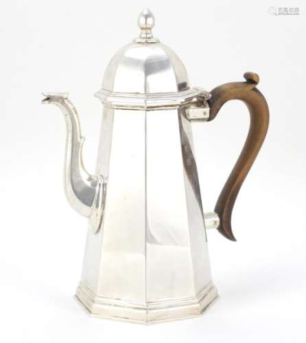 Queen Anne style silver coffee pot with octagonal body, by John Henry Odell, London 1993, 26cm high,