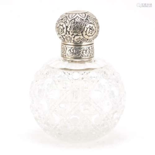 Victorian globular cut glass scent bottle with hinged silver lid, by Colen Huwer Cheshire,