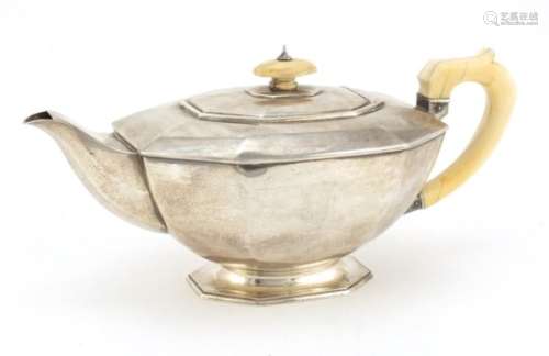 Art Deco octagonal silver teapot with ivory handle and knop, by The Alexander Clark Co Ltd,