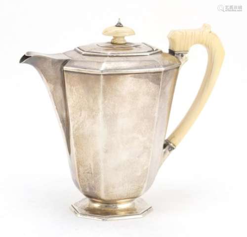 Art Deco octagonal silver coffee pot with ivory handle and knop, by The Alexander Clark Co Ltd,