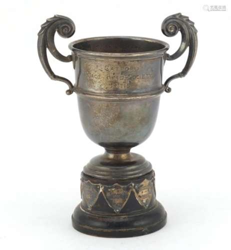 Edwardian silver twin handled trophy with scroll handles, indistinct makers mark, Birmingham 1907,