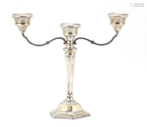 Silver three branch candelabra with tapering column by Sanders and MacKenzie, Birmingham 1966,