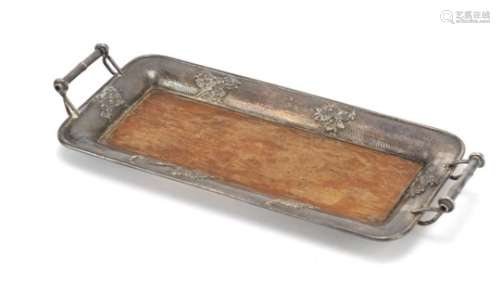 Japanese Sterling silver tray by Kuhn & Komor, with simulated bamboo handles and embossed with