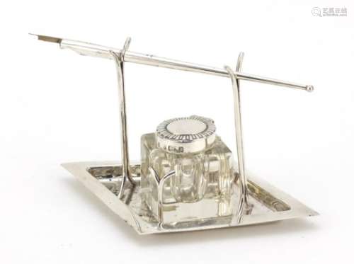 Victorian silver desk stand with cut glass inkwell and dip pen by Arthur and John Zimmerman,