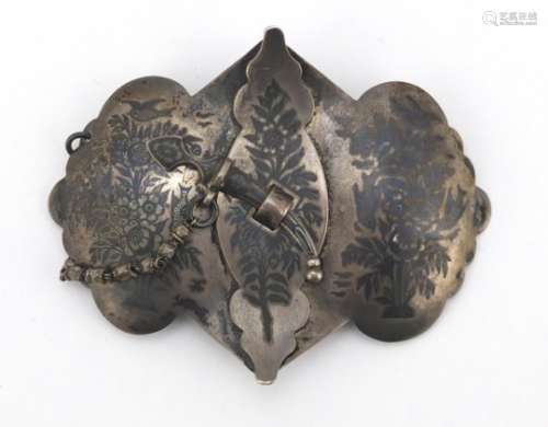 Russian unmarked silver niello work buckle with dagger clasp, 9cm in length, 56.0g : For Further