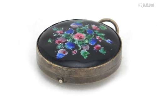 Circular sterling silver compact, the hinged lid enamelled with flowers, 3.5cm in diameter, 24.