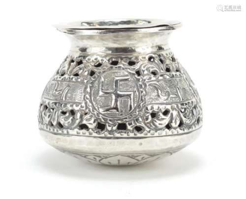 Islamic unmarked silver incense burner, pierced and embossed with calligraphy,(tests as silver) 11cm