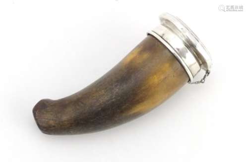 Antique horn snuff mule with silver lid and collar by Edward Souter Barnsley, Birmingham 1920, 9.5cm