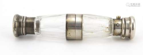 Victorian cut glass double ended scent bottle, with silver coloured metal mounts, 12.5cm in length :