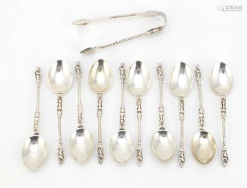 Set of ten Victorian silver apostle teaspoons and matched sugar tongs, the teaspoons London 1890,