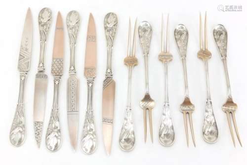 Set of six sterling silver knifes and forks by Tiffany & Co, each cast with a kingfisher perched
