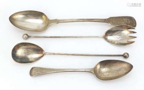 Silver items comprising a Victorian basting spoon, Georgian tablespoon and pair of salad servers,