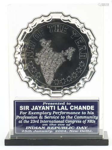 Indian silver coloured metal salver - NRI of the Year, presented to Sir Janyanti Lal Chande, the