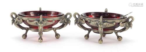 Pair of Victorian novelty silver plated swan design salts with ruby glass liners, one with a spade