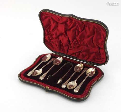 Set of six Victorian silver teaspoons and sugar tongs by Robert Stebbings, housed in a fitted