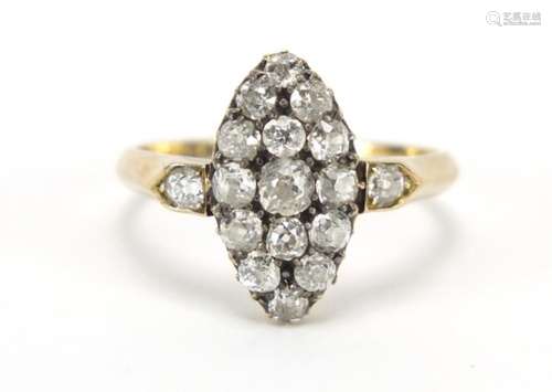 Unmarked gold diamond cluster ring, size T, 4.0g : For Further Condition Reports Please Visit Our