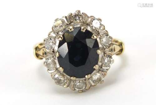 18ct gold sapphire and diamond ring with scroll shoulders, size L, 6.0g : For Further Condition