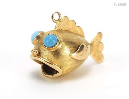 14ct gold fish charm with turquoise eyes, HW makers mark, 3cm in length, 6.5g : For Further