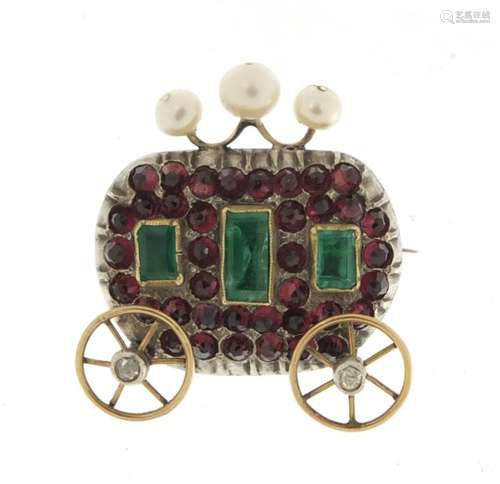 Antique unmarked gold carriage brooch with rotating wheels, set with diamonds, emeralds, pearls