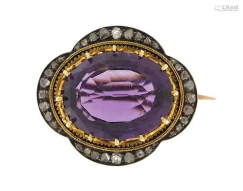 Unmarked gold amethyst brooch with diamond and black enamel surround, 3cm in length, 10.9g : For