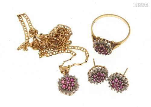 9ct gold ruby and diamond jewellery suite comprising necklace on chain, pair of earrings and ring,