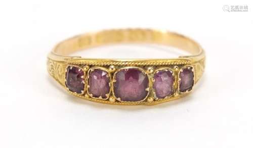 Georgian 15ct gold amethyst ring with engraved shoulders, Birmingham 1796, size R, 1.8g : For