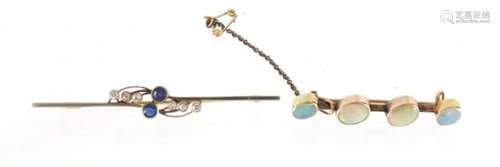 Two unmarked gold bar brooches set with opals, diamonds and sapphires, the largest 6cm in length,