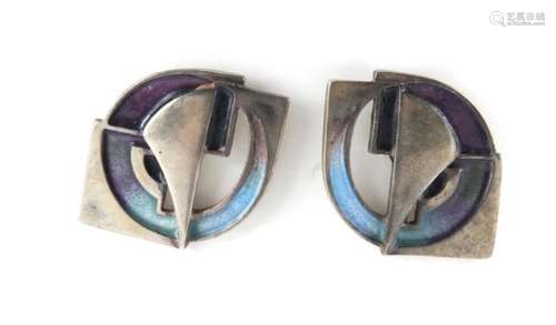 Pair of modernist silver and enamel earrings by Pat Cheney, housed in a Collingwood of Conduit St