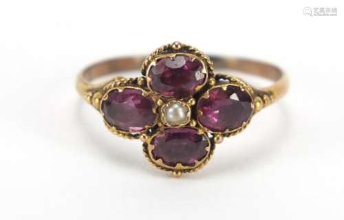 Georgian unmarked gold amethyst and seed pearl ring, size Q, 1.6g : For Further Condition Reports