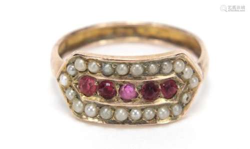 Victorian 9ct gold garnet and seed pearl ring, size O, 1.7g : For Further Condition Reports Please