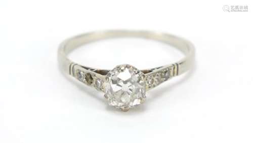 Unmarked white gold diamond solitaire ring (tests as 18cgt gold), size N, 2.0g : For Further