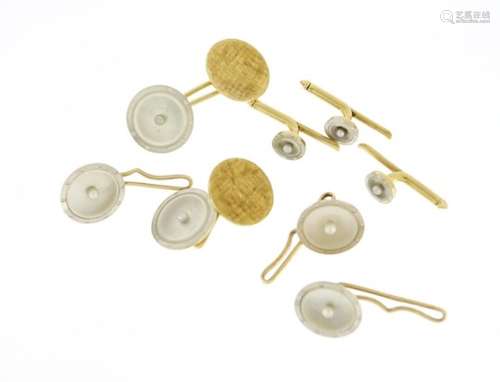 Set of 14ct gold mother of pearl and seed pearl cufflinks, studs and buttons, 16.2g : For Further